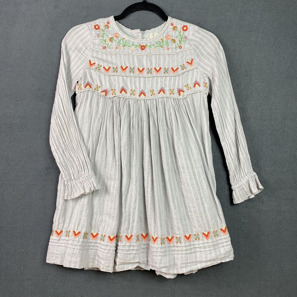 Peek Kids Shiloh Girls Dress 10 Gray Floral Embroidered Metallic Stripe Boho Lnd
